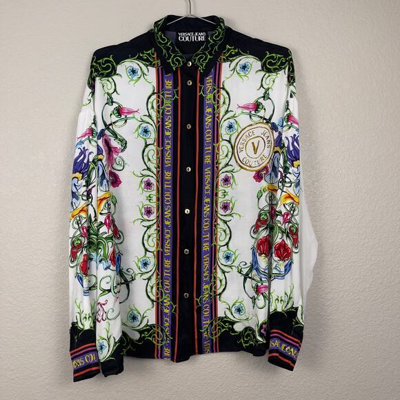Versace Jeans Couture Garden Baroque Print Shirt White Multi Size 4 Signature - Picture 4 of 16